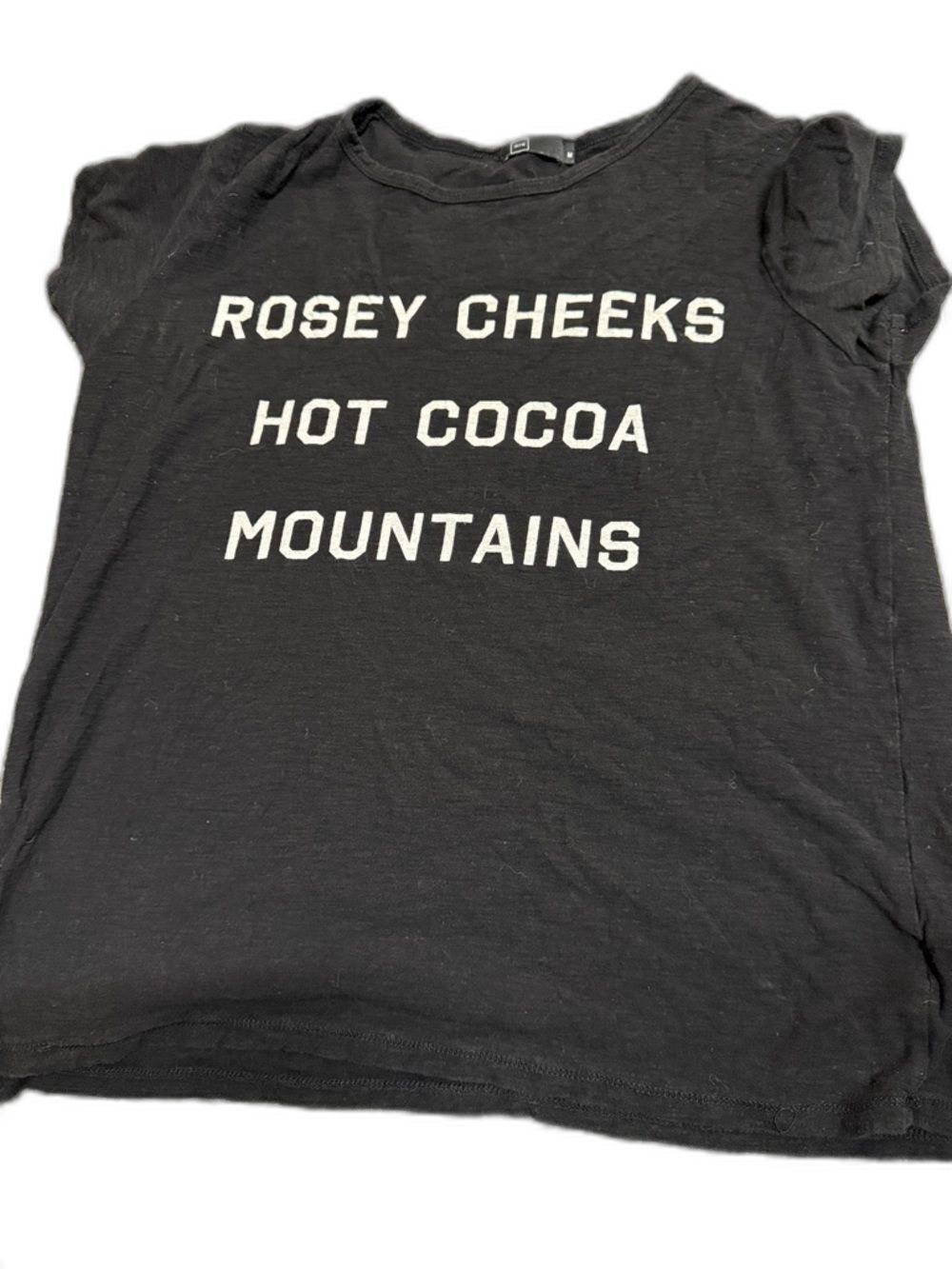 Women’s Black Short Sleeve Tee with 'Rosey Cheeks Hot Cocoa Mountains' Text